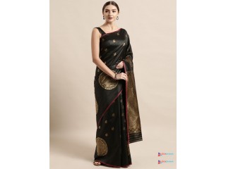 VASTRAD Black & Gold-Toned Silk Blend Woven Design Banaras Saree