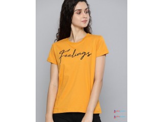 DILLINGER Women Mustard Yellow Printed Round Neck T-shirt