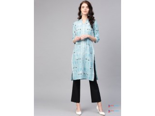W Women Blue & White Printed Straight Kurta