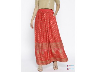 Global Desi Red Printed Gathered Maxi Skirt