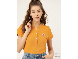DressBerry Women Mustard Yellow Solid Mandarin Collar T-shirt