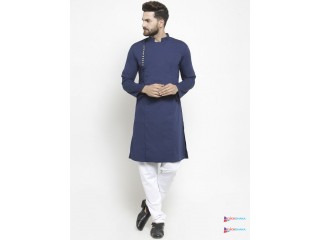 Purple State Men Navy Blue Solid Straight Kurta