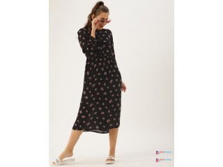 DressBerry Women Black Printed Fit and Flare Dress