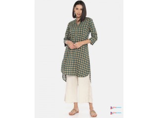 Global Desi Women Teal Green & Red Printed High-Low Tunic