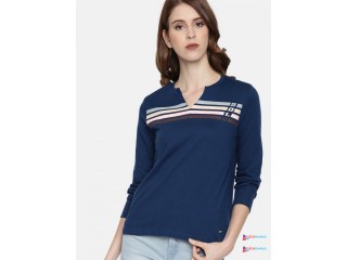 Roadster Women Navy Blue Striped Mandarin Collar T-shirt