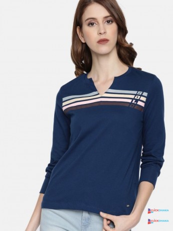 roadster-women-navy-blue-striped-mandarin-collar-t-shirt-big-0