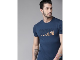 Roadster Men Navy Blue Embossed Printed Round Neck T-shirt