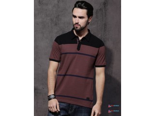 Roadster Men Brown & Black Striped Polo Collar T-shirt