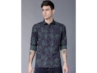HIGHLANDER Men Navy Blue & Olive Green Slim Fit Printed Casual Shirt