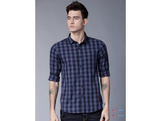 HIGHLANDER Men Navy Blue & Blue Slim Fit Checked Casual Shirt